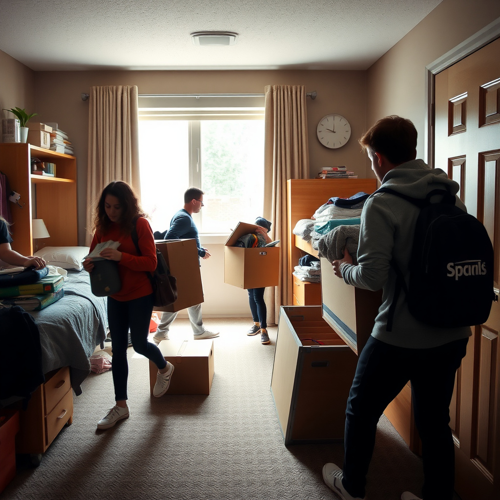 Students moving their belongings in a college dorm